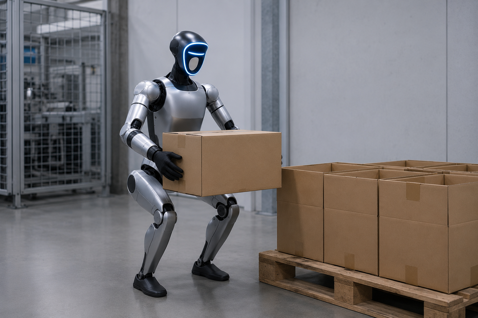 Humanoid robot picking and orienting carton boxes