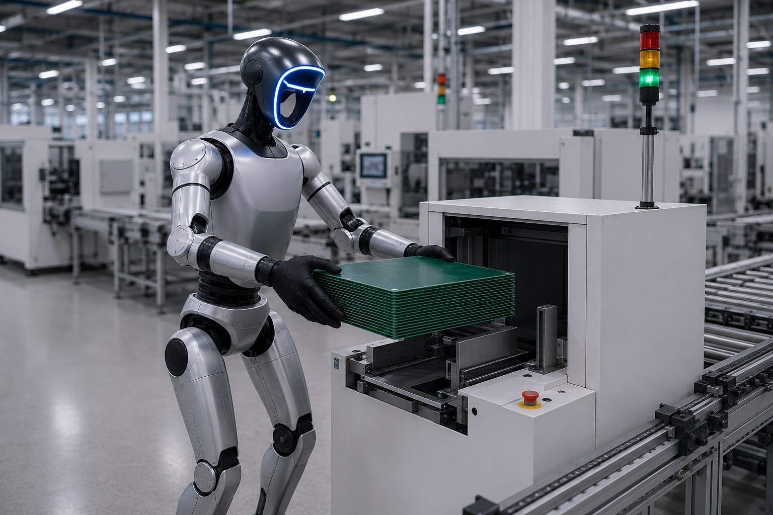 Humanoid robot placing PCB panels into production equipment